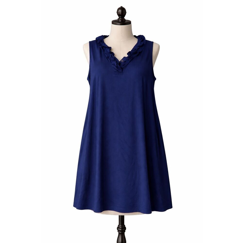 Crown & Ivy Navy Blue Sleeveless Swing Dress Ruffle Neck Plus Size 2X